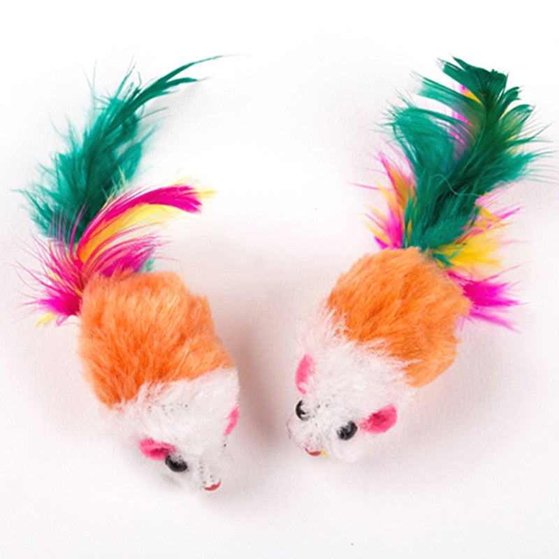 Colorful and Soft Fleece False Mouse Cat Toys with Feather Detailing for Fun and Engaging Playtime