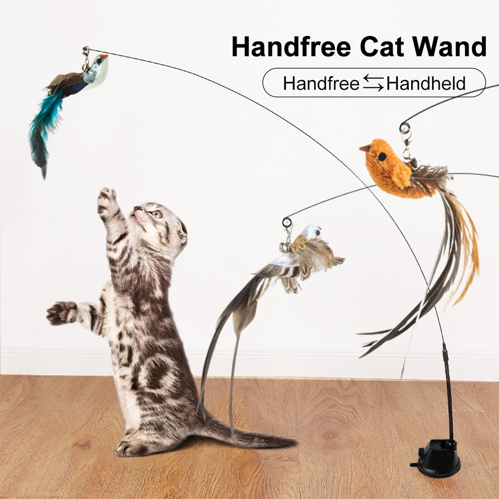 Interactive Hand-Free Bird/Feather Cat Wand with Bell and Powerful Suction Cup - Perfect for Hunting and Exercise Playtime